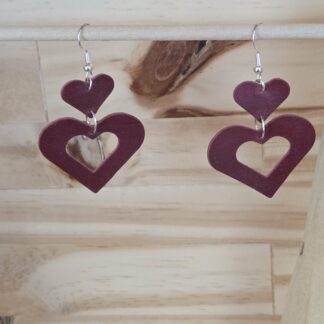 Boucles d'oreilles double cœurs bordeau