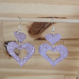 Boucles d'oreilles double cœurs pétillant lilas